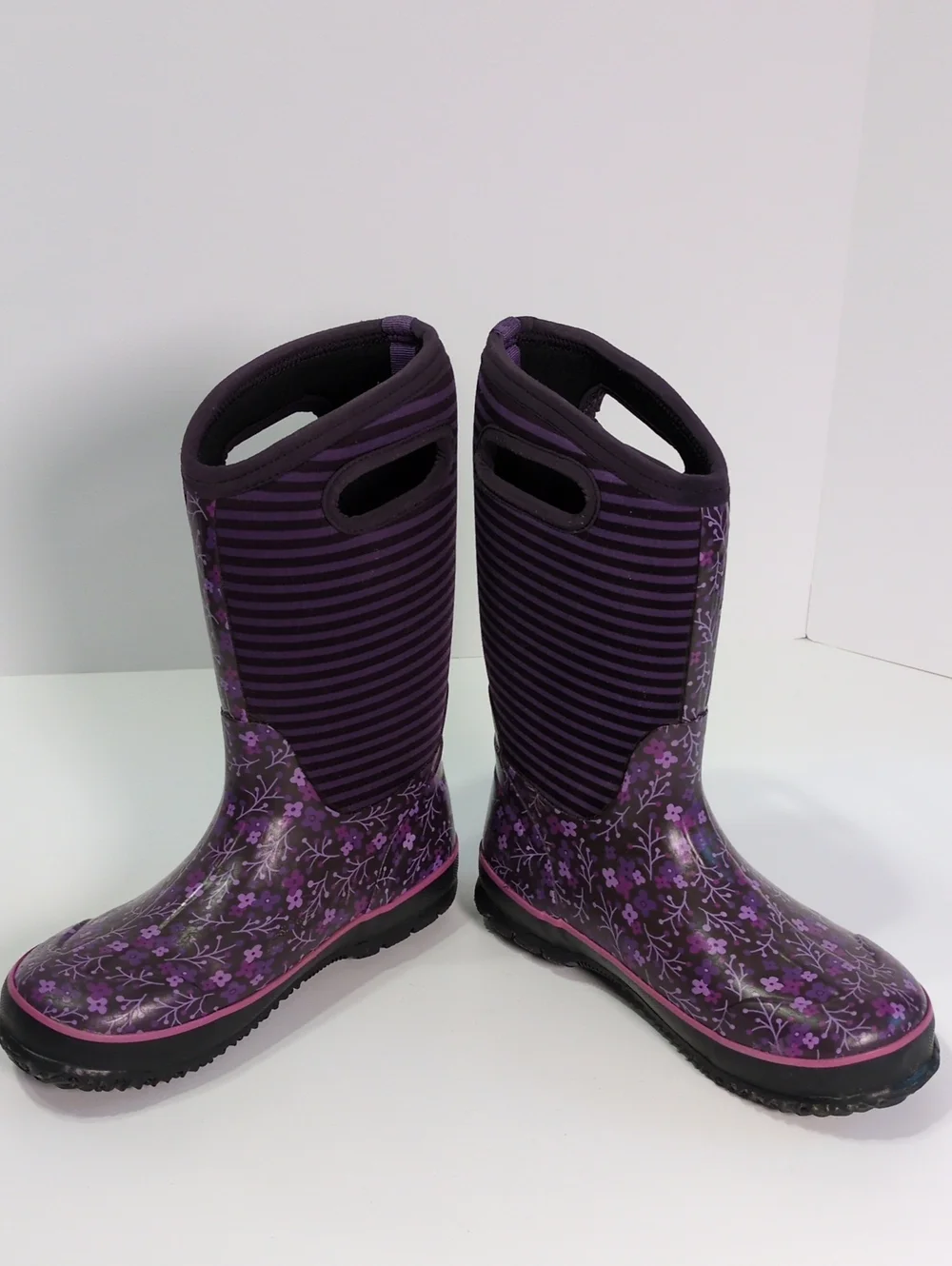 Bogs Waterproof Winter Rain Boots Purple Floral Striped Youth 6 / EUR 39
